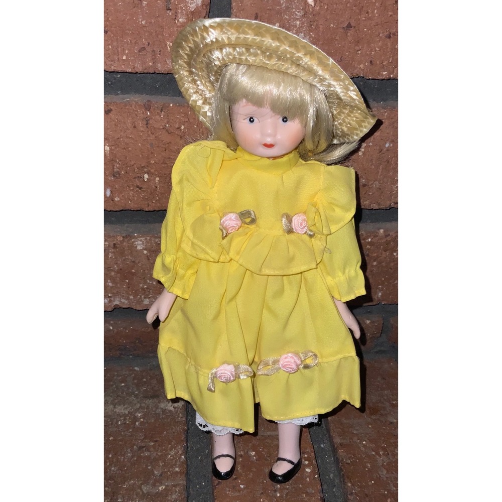 Vintage 8" Porcelain Doll Yellow Ruffle Dress Straw Hat Blonde Hair Pink Roses